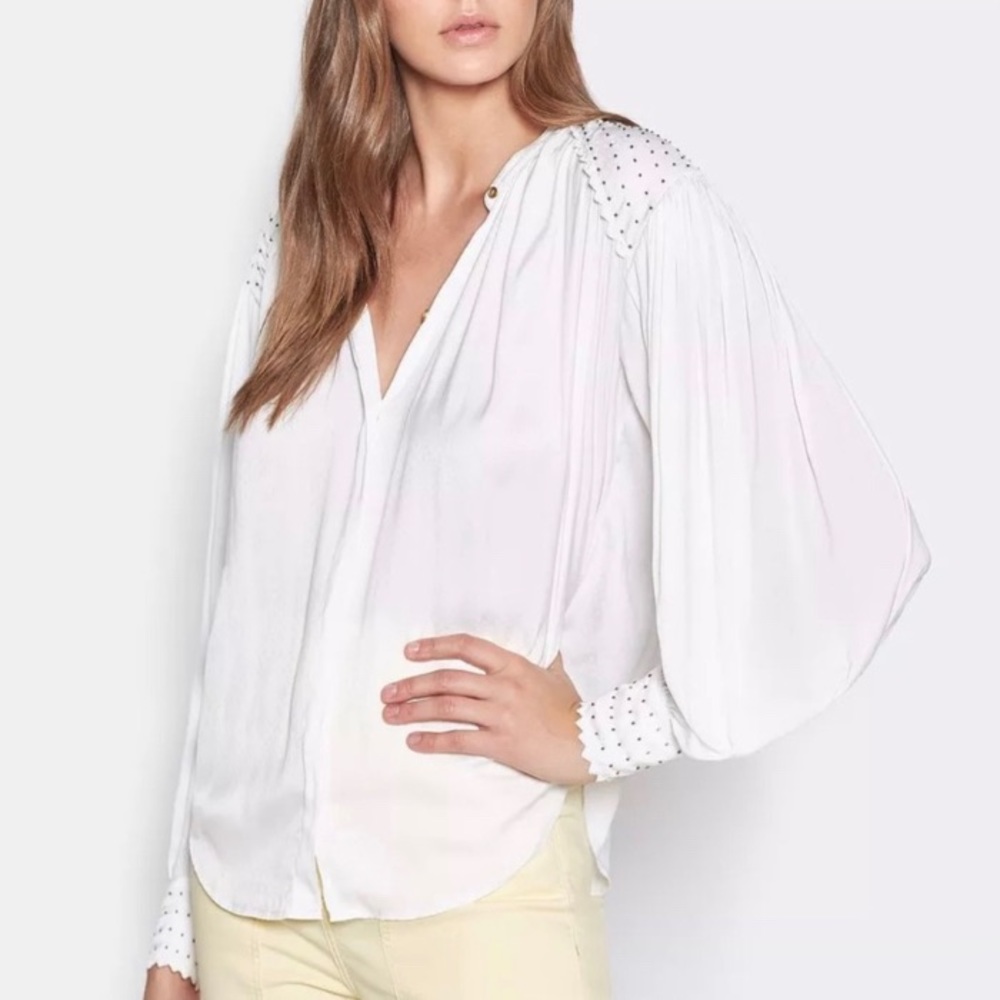 Joie Saphira blouse Popover Top Swiss Dot Gold Beaded zigzag hem balloon sleeve